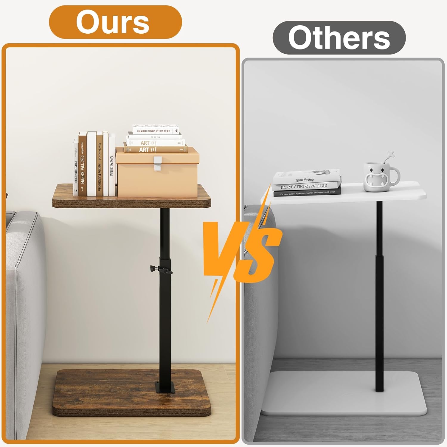 IBUYKE C Shaped Side Table, 360° Swivel Height Adjustable End Table for Small Spaces, with Phone & Tablet Slot, Modern Small Coffee Snack Table for Sofa/Bed, Retro Brown UTVT003H