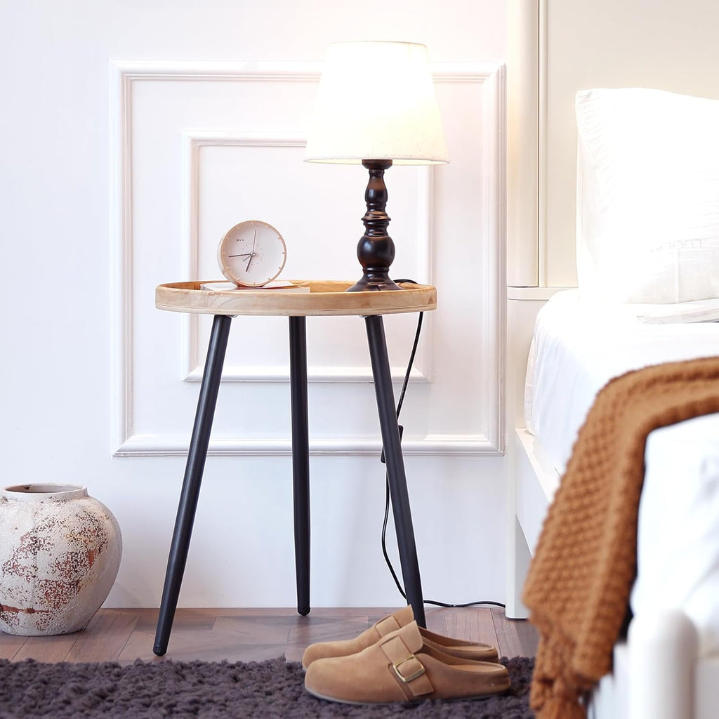 LITA Log Desktop Round Side End Table, Indoor Outdoor Wooden Tray Nightstand Table with Metal Stand for Living Room Bedroom Office Small Spaces (M)