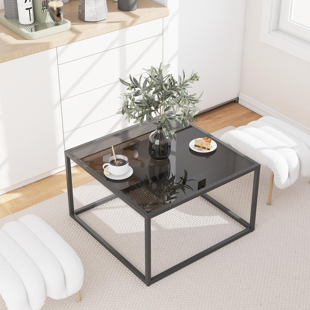 YMYNY Glass Coffee Table, Tempered Glass Square Coffee Tables with Metal Frame, Unique Modern Table for Living Room Home Office 26.77" x 26.77" x 15.75", Black Grey, UHCT001H