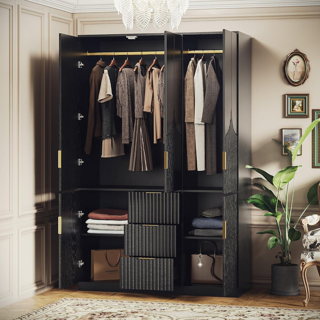 71" Wardrobe Armoire Wooden Closet with 3 Doors and 3 Drawer, Bedroom Armoire with Hanging Rod Shelf, Wooden Wardrobe Combination for Hanging Clothes, Large Capacity Storage Wardrobe Armoire - Grand Goldman
