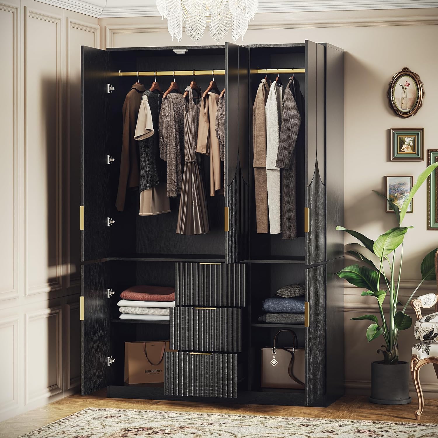 71" Wardrobe Armoire Wooden Closet with 3 Doors and 3 Drawer, Bedroom Armoire with Hanging Rod Shelf, Wooden Wardrobe Combination for Hanging Clothes, Large Capacity Storage Wardrobe Armoire - Grand Goldman