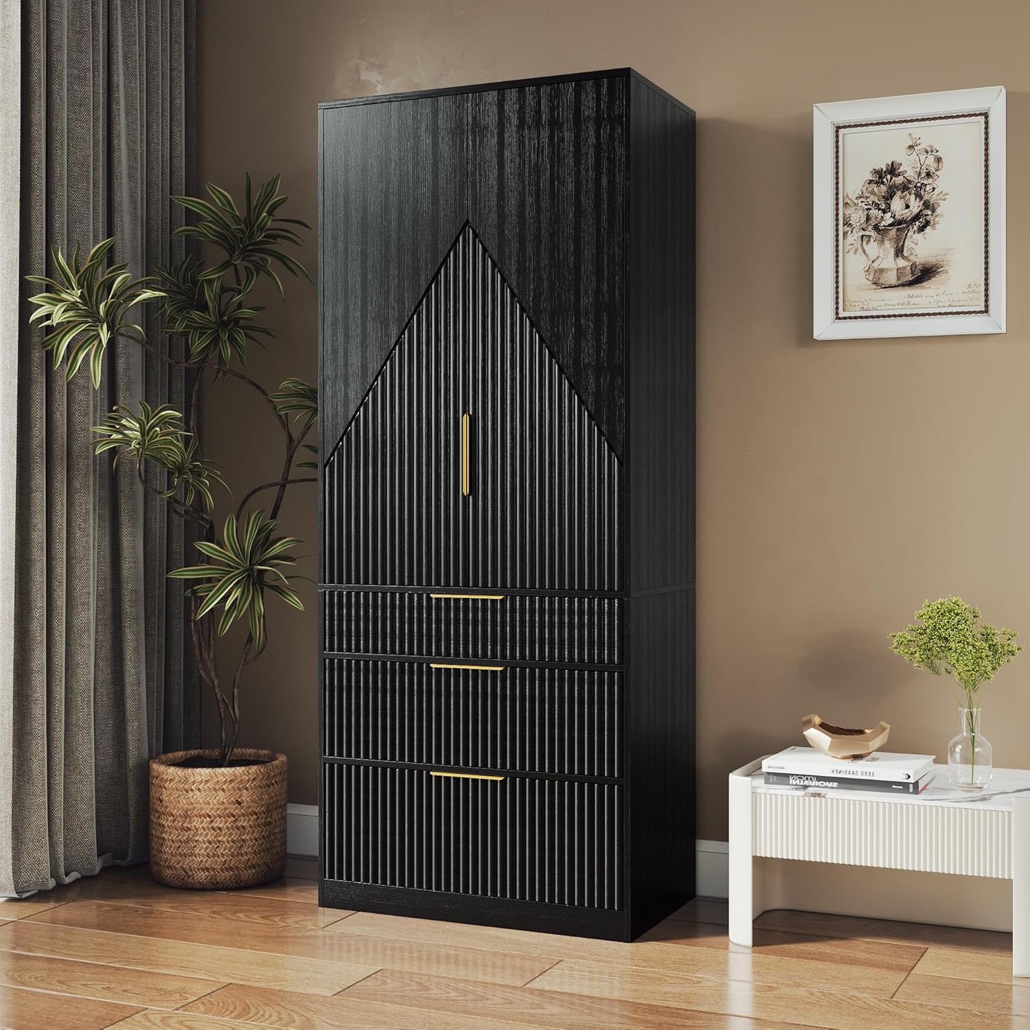 71" Wardrobe Armoire Wooden Closet with 3 Doors and 3 Drawer, Bedroom Armoire with Hanging Rod Shelf, Wooden Wardrobe Combination for Hanging Clothes, Large Capacity Storage Wardrobe Armoire - Grand Goldman