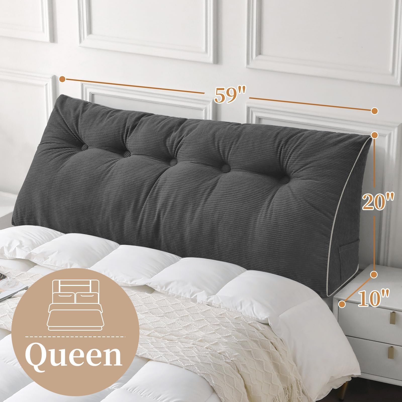 Sasttie Headboard Pillow Queen, Triangular Wedge Pillow Headboard, Wedge Headboard Pillow for Bed Sofa, Daybed Pillows for Sitting up, Reading or Working with Removable Cover, Dark Grey
