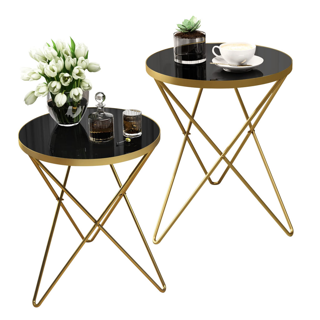 HLR Modern Round Side Table, End Table with Marble Effect Top and Gold Metal Frame, Small Side Table for Living Room, Bedroom, Sofa and Couch, Gold Legs, Green Marble top