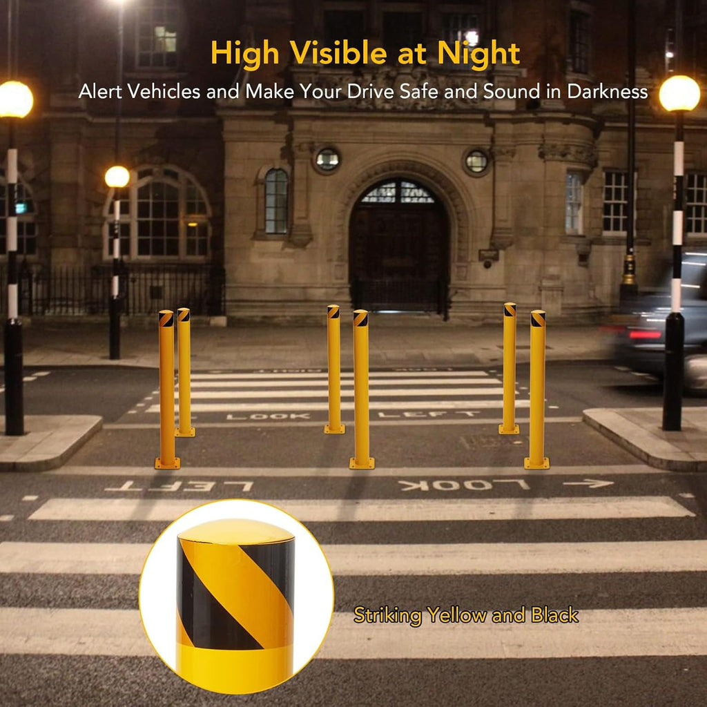 Safety Bollard 4 Packs, 42 Inch Height Steel Bollard Post for Parking Lot, 4.5 Inch Diameter Pipe, Yellow Safety Bollard Post with 16 Anchor Bolts, Ideal for Traffic-Sensitive Areas, Driveway Barrier