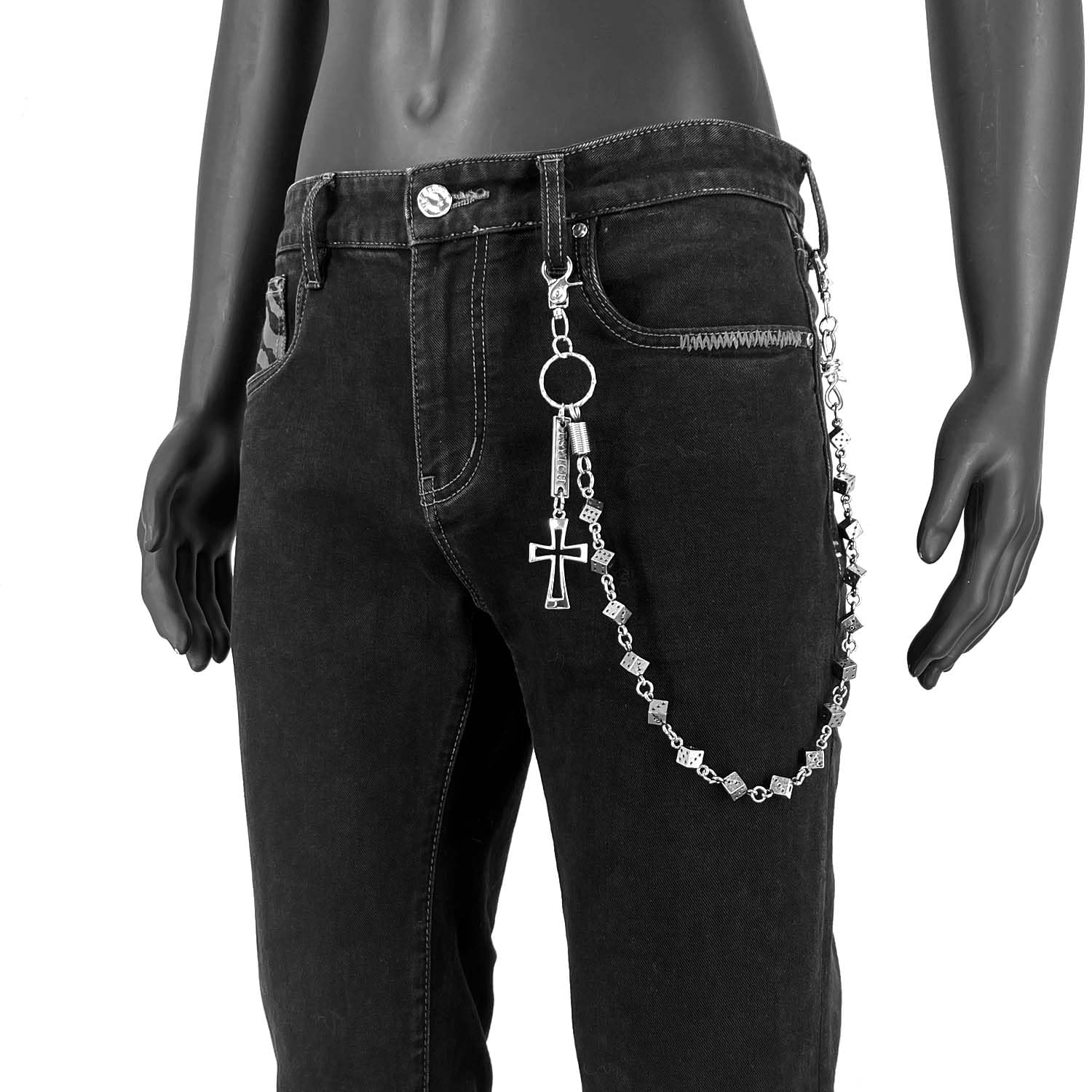 Chaîne de portefeuille avec dés dansants pour motard rock, chaîne croisée pour homme, chaîne pour pantalon de moto, chaîne porte-clés
