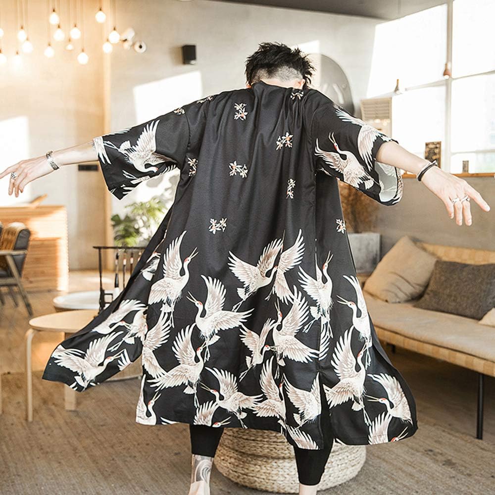 HAORUN Men Japanese Kimono Coat Loose Yukata Outwear Long Bathrobe Tops Vintage