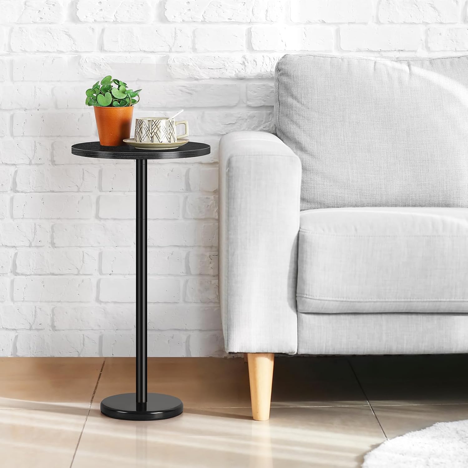 Black Drink Table Small Round Pedestal Side Table with Marble Base Modern Cocktail Table for Patio Sofa Couch Chair, Black