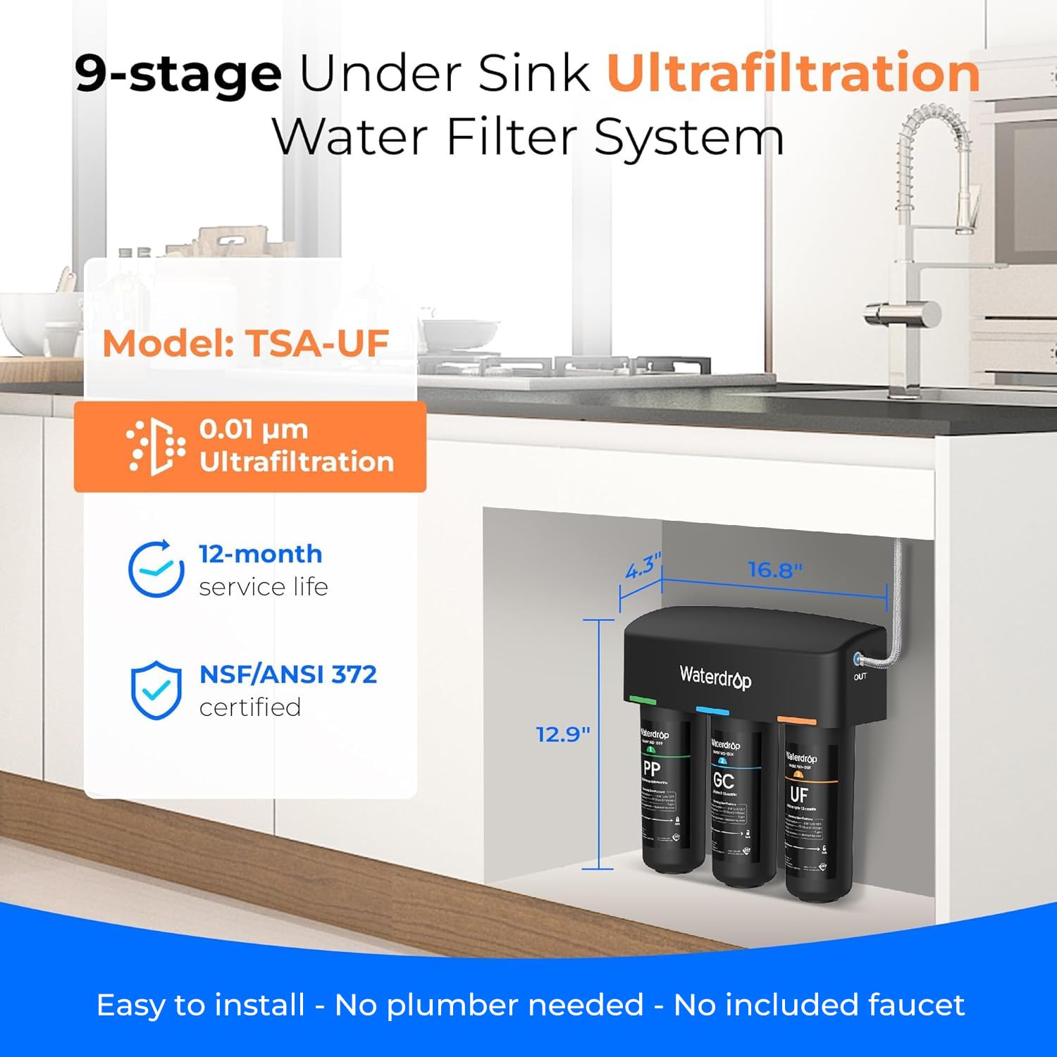 Waterdrop WD-TSA-UF 0.01 μm Ultra Filtration Under Sink Water Filter, Under Sink Water Filtration System 9 Stage Filtration, Reduces Chlorine, Taste and Odor, Fluoride, Advanced USA Tech