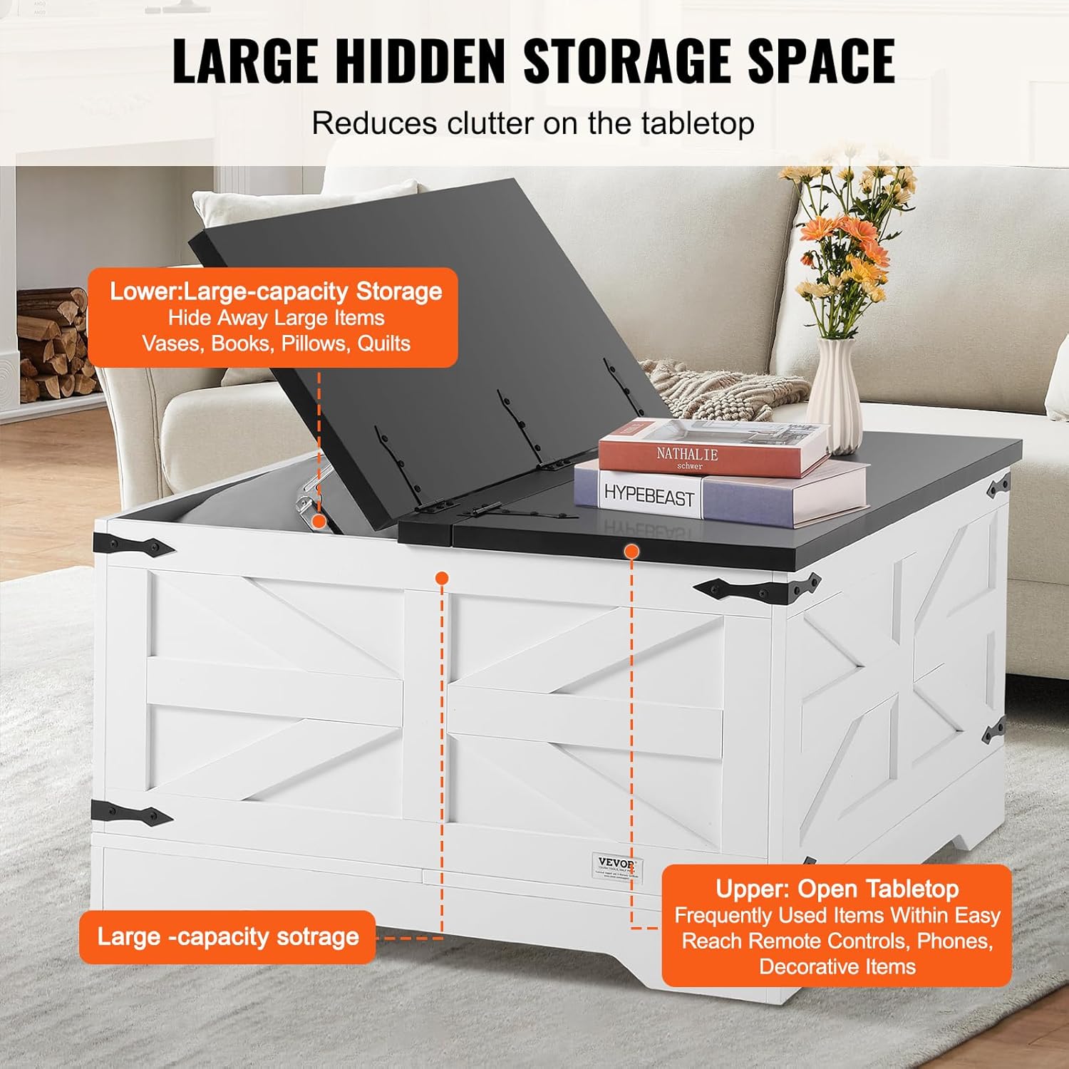 VEVOR 31.5" Farmhouse Coffee Table, Hinged Square Coffee Table with Large Storage Compartment, Wooden Rustic Cocktail Table for Living Room, Bedroom, Apartment, Studio, Black & White