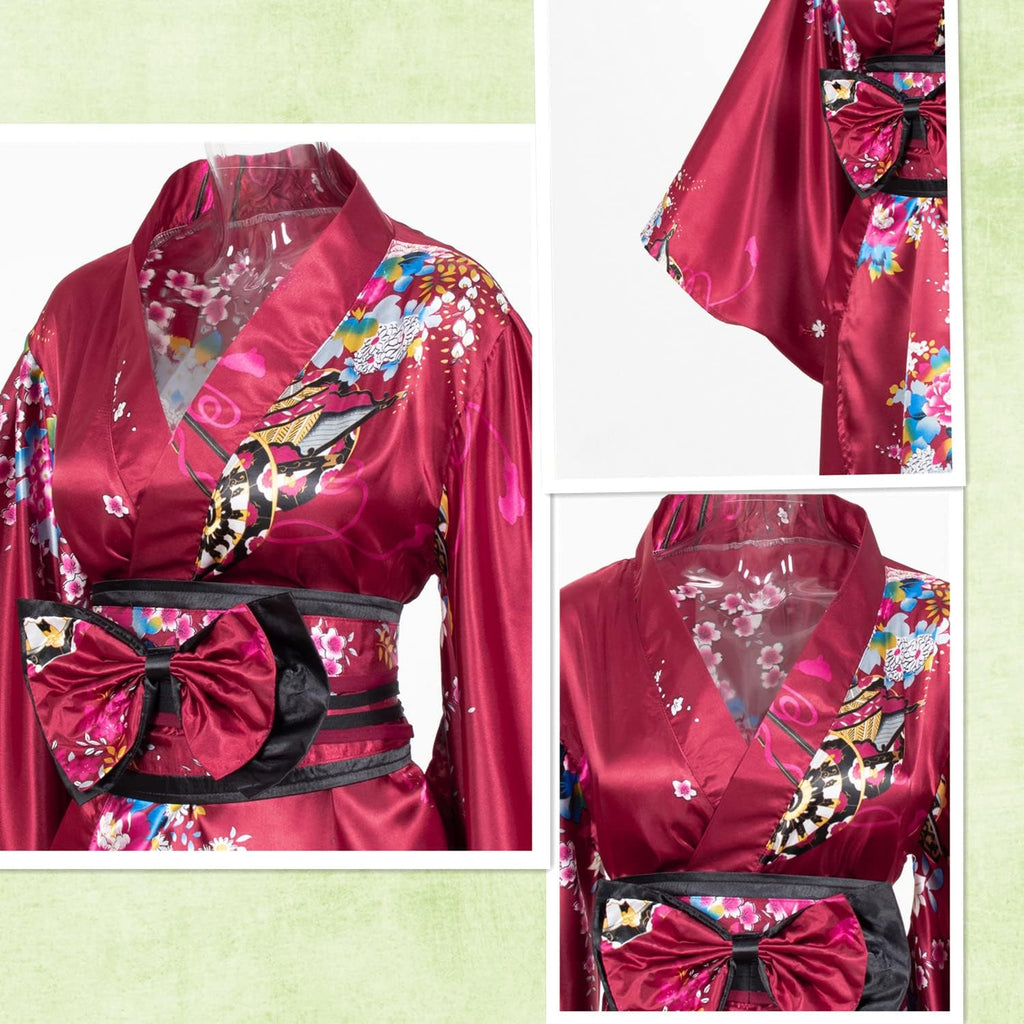 Japanese Anime Women's Kimono Robe Geisha Yukata Sweet Dress Blossom Satin Bathrobe Sleepwear Fans Tabi Socks Set