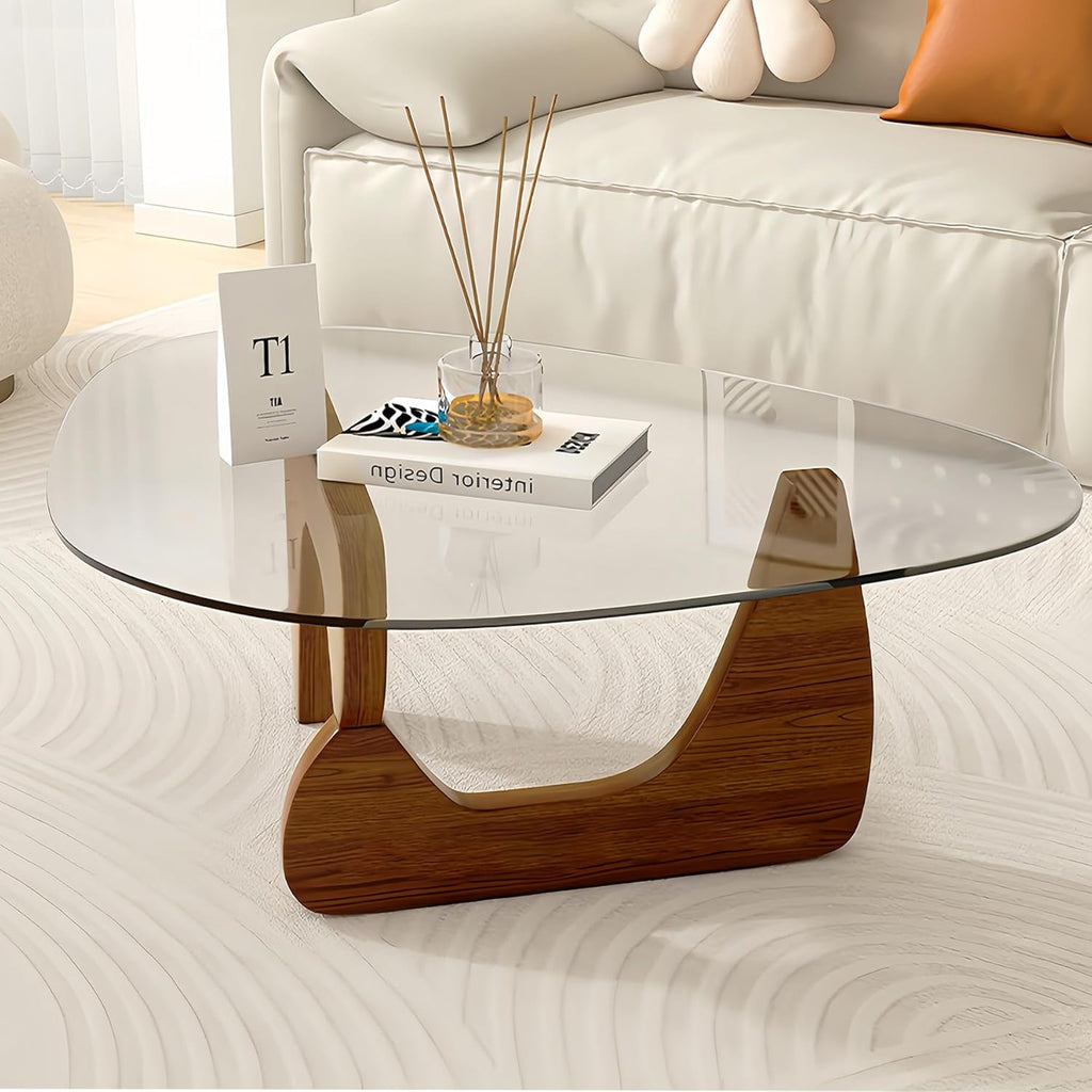 Modern Glass Coffee Table, 32.3″D×25.6″W×15.8″H-Abstract Unique Mid Century Triangle Center Table for Living Room, Minimalist Middle Tables for Home Office, Wooden Base