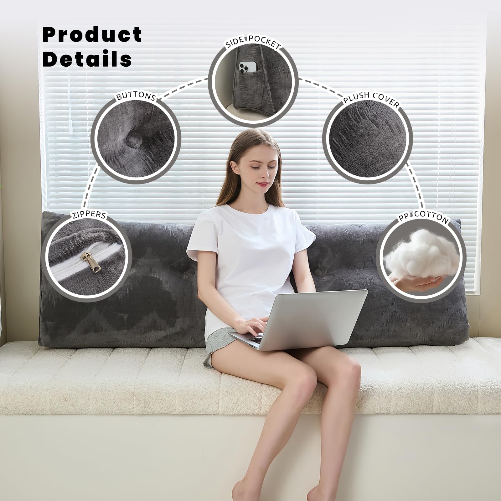 Zelladorra Headboard Pillow for Bed,Triangular Wedge Pillow Headboard Soft Support While Reading and Resting,Bed Bolster Cushion Headboard with Removable Cover,Dark Grey, Queen (59"x8"x20")