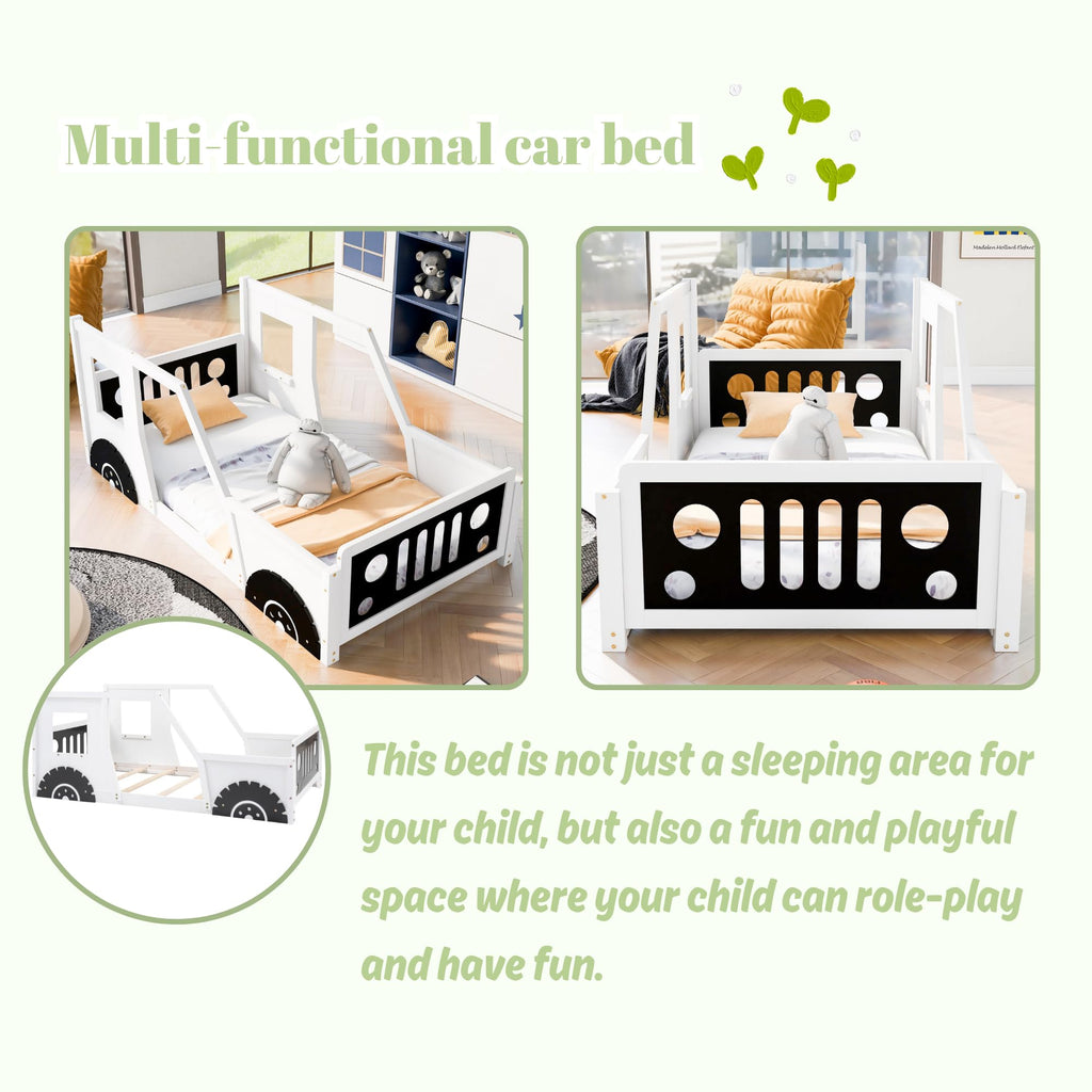 Twin størrelse bil seng, trægulvs sengestel med hovedgærde og fodgærde samt 4 siderækværk, børns racerbilseng til drenge piger teenagere, hvid