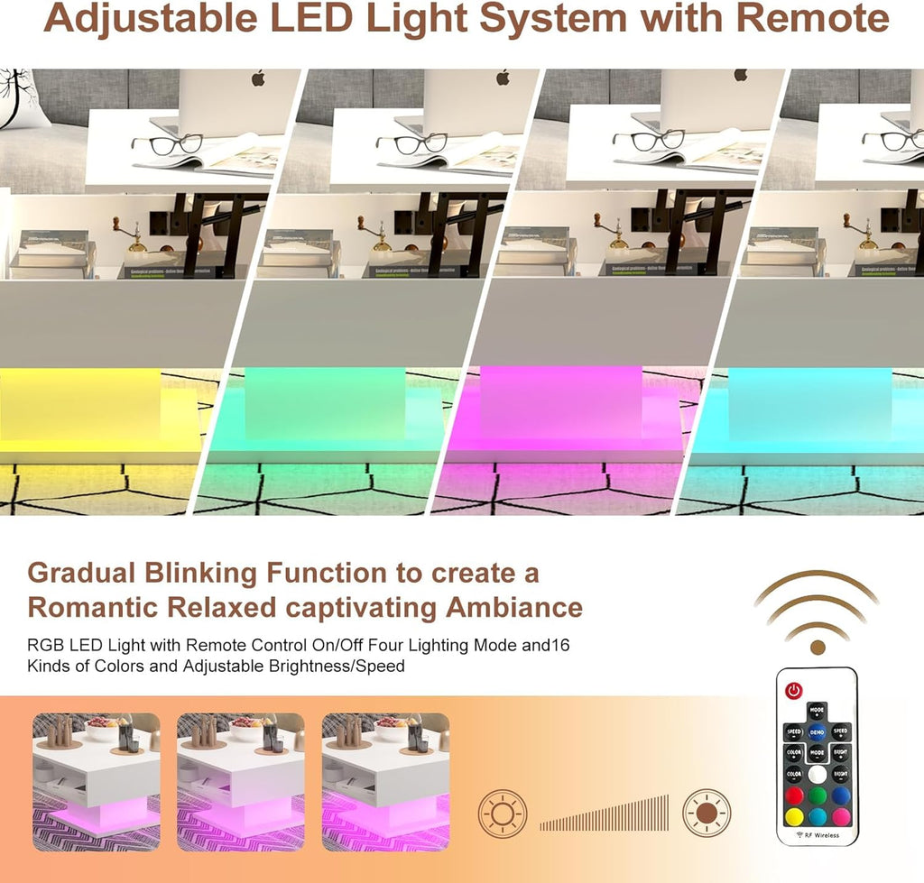 Square Lift Top Coffee Table with Storage, White Led Coffee Table for Living Room with Large Hidden Storage, 30.7" Wood Table Led Center Table for Dining Reception Room