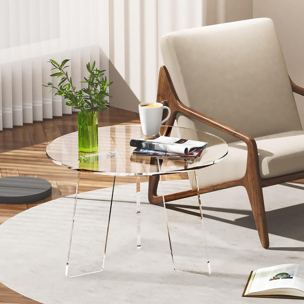 Acrylic Coffee Table Round, Clear Circle Modern Lucite Side Table Legs for Living Room, Bedroom, Office (Clear, 23.6“ × 15.7”)