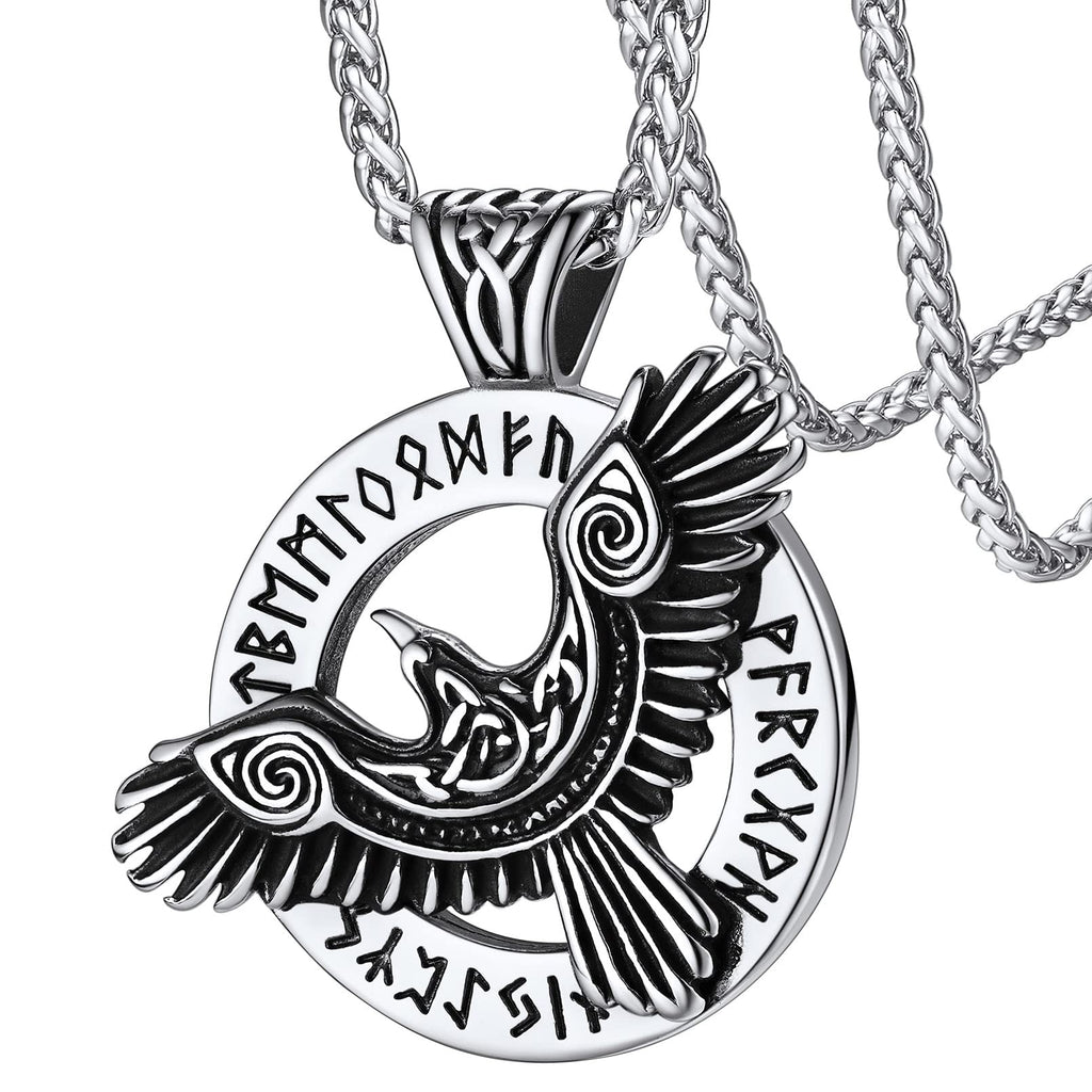 FaithHeart Viking Raven Necklace for Men, Norse Mythology Raven Skull Pendant Sturdy Stainless Steel Amulet Jewelry Gift for Men