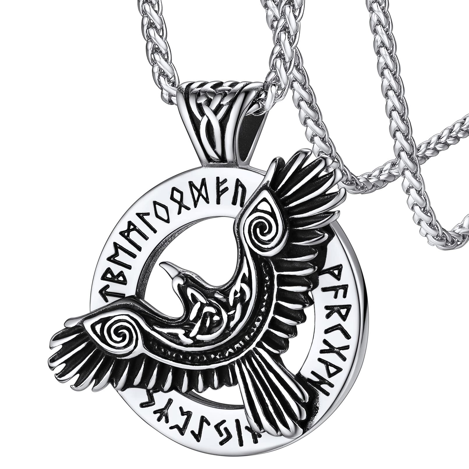 FaithHeart Viking Raven Necklace for Men, Norse Mythology Raven Skull Pendant Sturdy Stainless Steel Amulet Jewelry Gift for Men