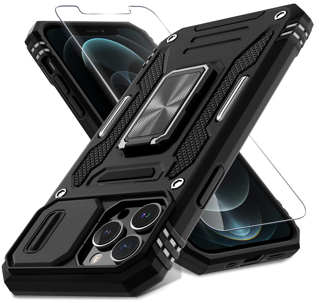 DEERLAMN Hoes voor iPhone 13 Pro Max met schuifcamera cover+schermbeschermer (1 stuk), gedraaide ring standaard militaire graad schokbestendige beschermhoes 6.7 inch-zwart