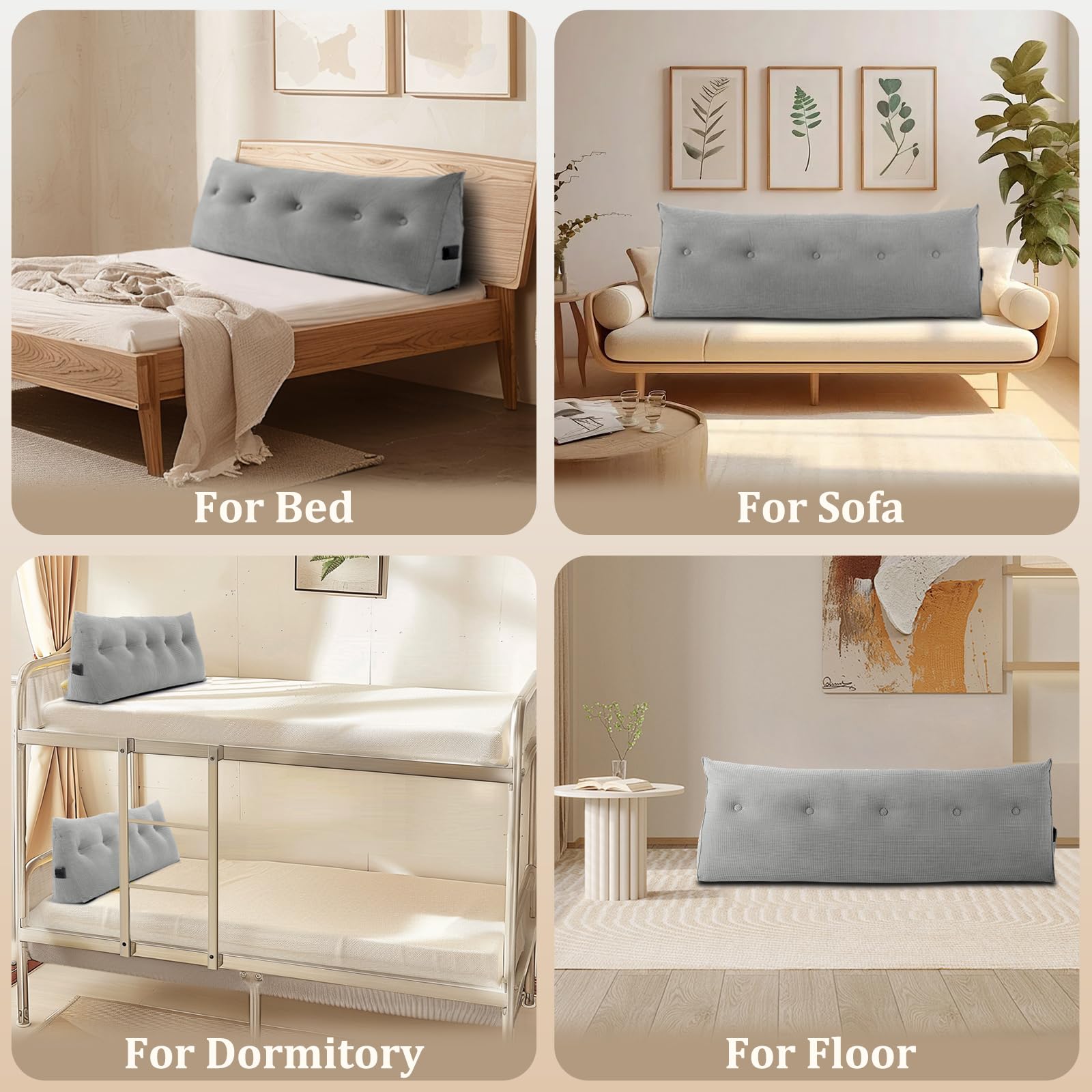 Huatean Home Headboard Pillow Queen, Backrest Triangular Wedge Pillow Headboard Queen, Large Cushion Headboard Wedge Pillows for Sitting in Bed, Daybed Bolster Pillow Headboard for Back Support, Gray