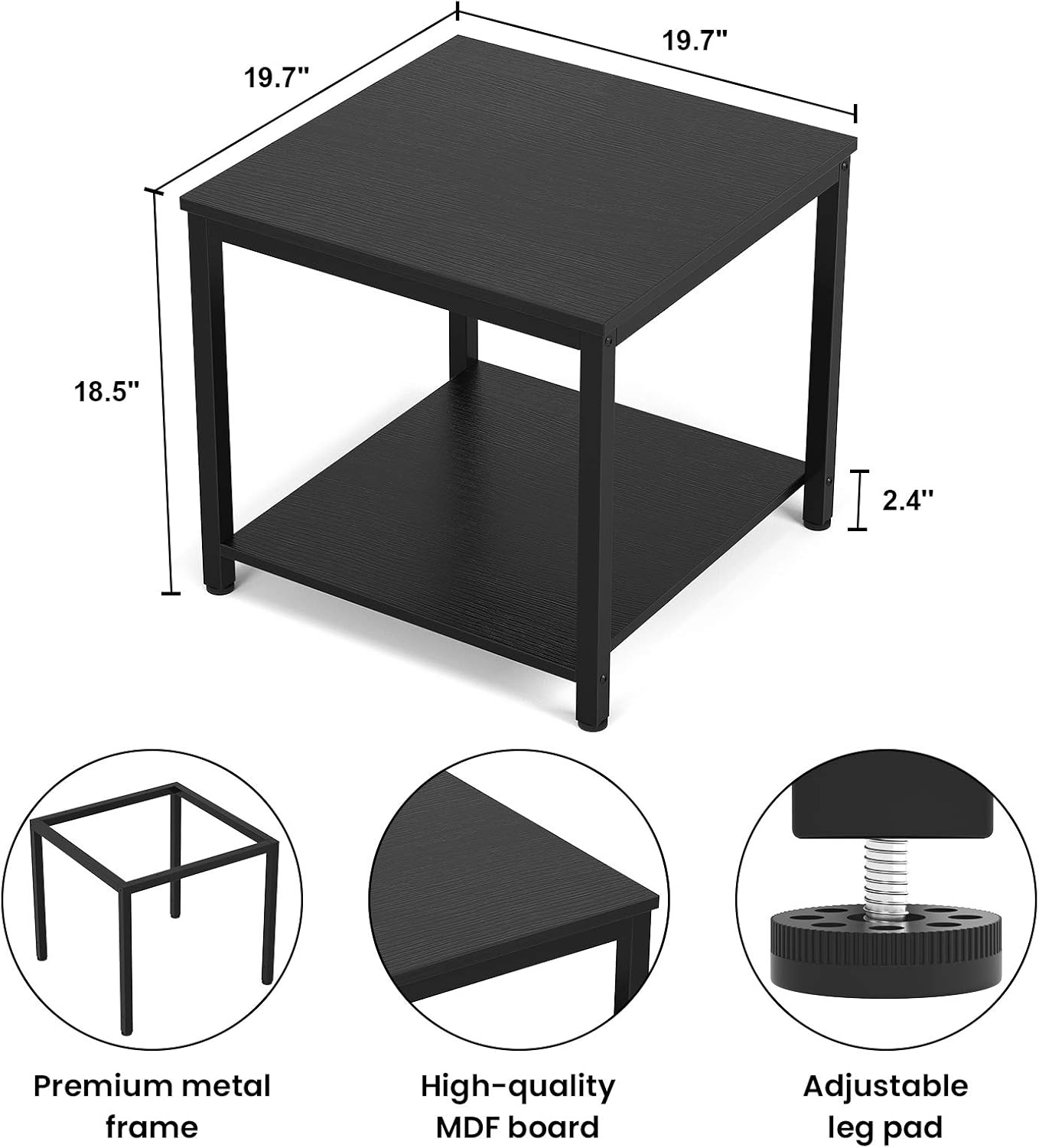 Homieasy Side Table 20 Inch Square, 2-Tier Coffee Tea End Table Nightstands for Sofa Couch Bed, Metal Wood Accent Modern Simple Industrial Style Side Table for Living Room Bedroom, Black