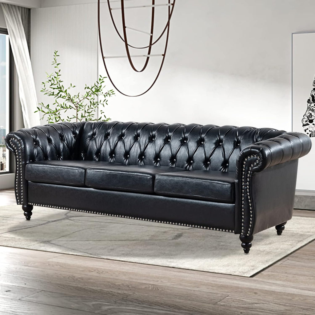 Chesterfield Sofas for Living Room, Black Rolled Arm 3-Seater Leather 84" Large Couch Deep Button Nailhead Tufted Upholstered Couches for Bedroom, Office Apartment Easy to Assemble