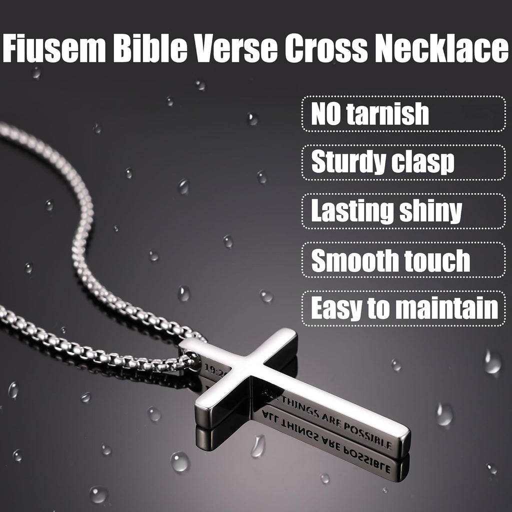 Fiusem Cross Necklace for Men, Inspirational Bible Verse Cross Chain for Men, Stainless Steel Box Necklace