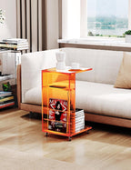 Clear Acrylic Side Table on Lockable Wheels, C Shaped End Table for Sofa, Small Coffee Tables for Small Spaces (Orange)