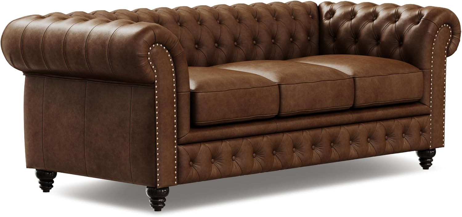 Valencia Parma Chesterfield 3 Seater Sofa 82" | Premium Full-Aniline Leather | Mid-Century Leather Couch with Classic Button Tufted Back, Wood Legs for Living Room, Chocolate