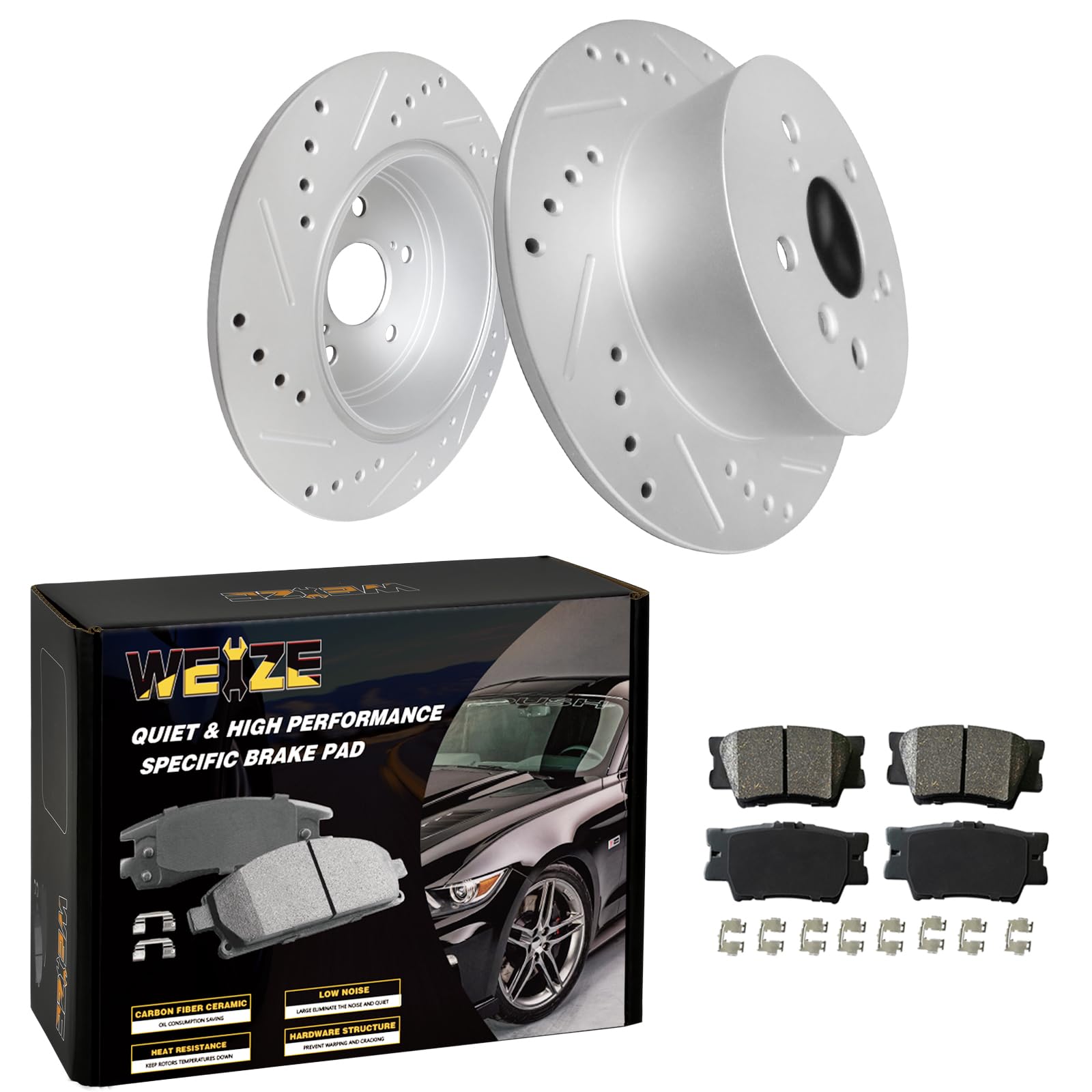 WEIZE Front +Rear Truck & Tow Brake Kit, Carbon Fiber Ceramic Brake Pads & Drilled/Slotted Brake Rotors, Fit for Dodge Ram 1500 & Classic Durango Chrysler Aspen, 5 Lug