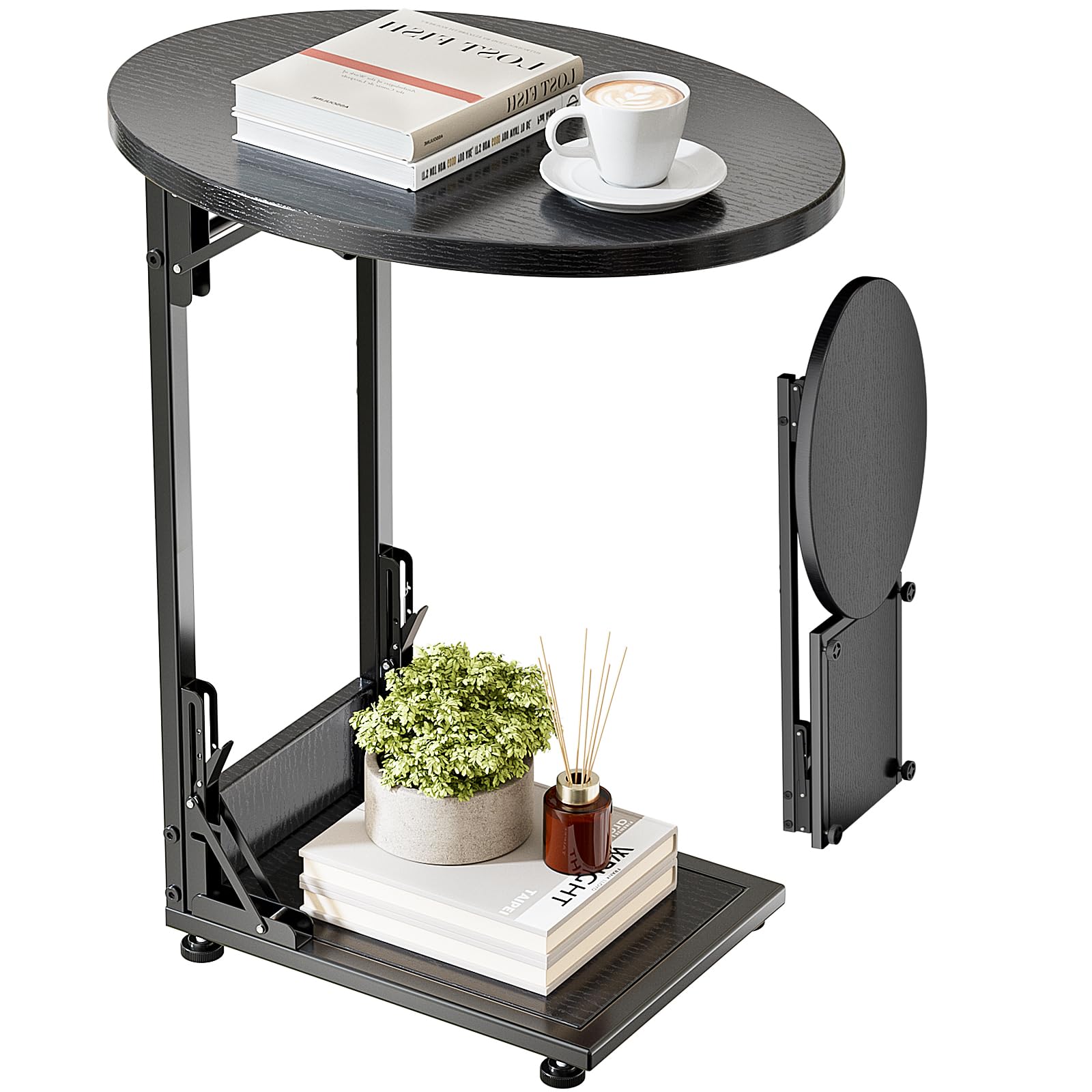 Elbourn Folding Side Table End Couch Tables,Metal Frame C-Shaped TV Stand for Sofa Living Bedroom Bedside Coffee Small Spaces(Vintage Wood Color)