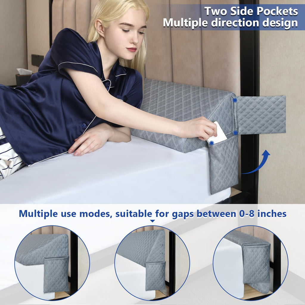 Kayfia Queen Size Pillow Wedge for Headboard Gap Bed Gap Filller (0-8") Mattress Space Filler Pillow Stopper with 2 Side Pocket Triangle Foam Pillow Wedge Between Headboard Mattress(Grey, 60"x10"x6")