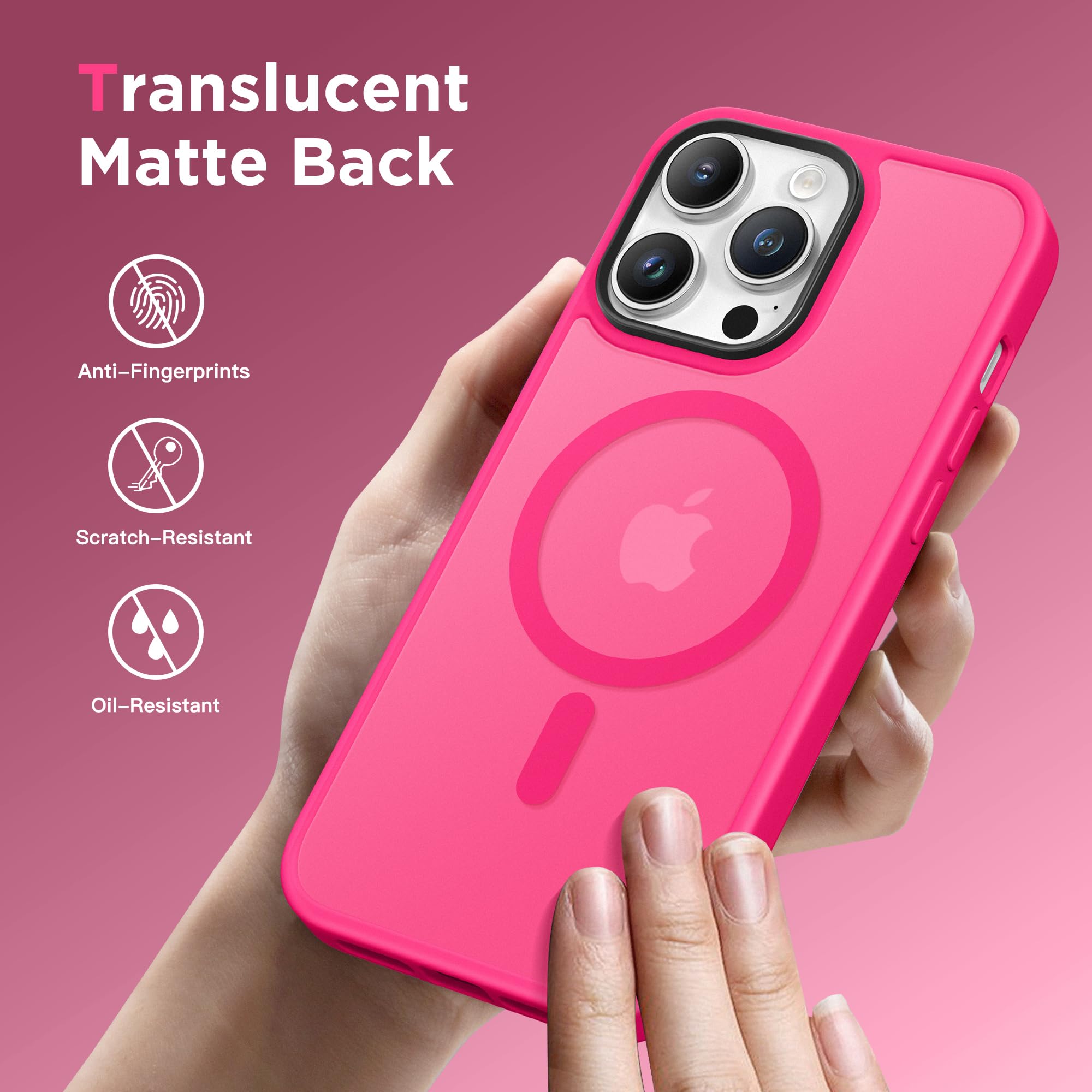 GONEZ iPhone 13 Pro Max用マグネットケース、MagSafe対応、[Military-Grade Drop Protection][Anti-Fingerprint] スリム半透明マットバック衝撃吸収電話保護ケース（ホットピンク）