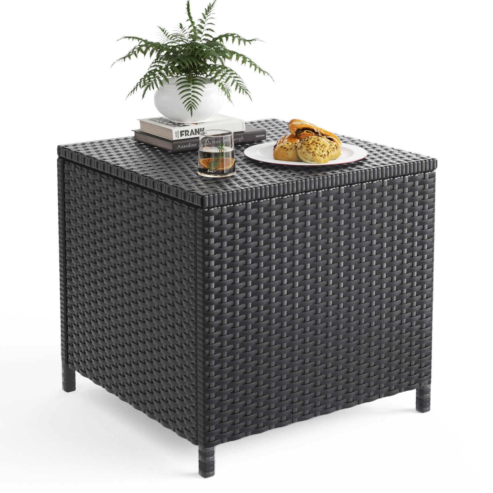 UDPATIO Outdoor Wicker Side Table with Storage Patio Rattan End Table Small Resin Square Container Coffee Table Backyard Pool for Furniture Covers, Toys and Gardening Tools (Grey)