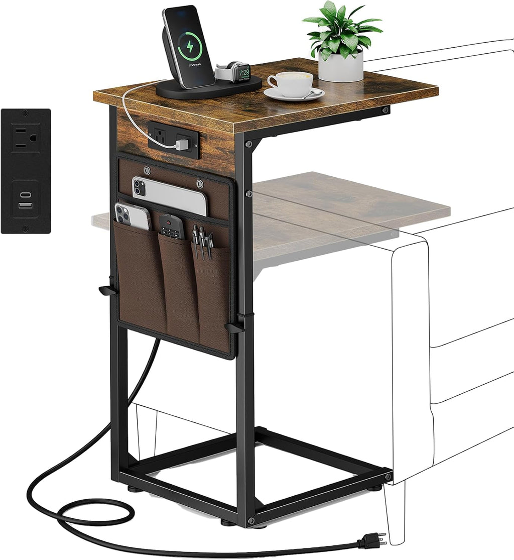 Vagusicc C Shaped End Table with Charging Station, Adjustable Height Side Table for Couch, Small Sofa Table with Storage Bag, Slide Under Sofa TV Tray Snack Arm Tables for Living Room, Bedroom, Brown