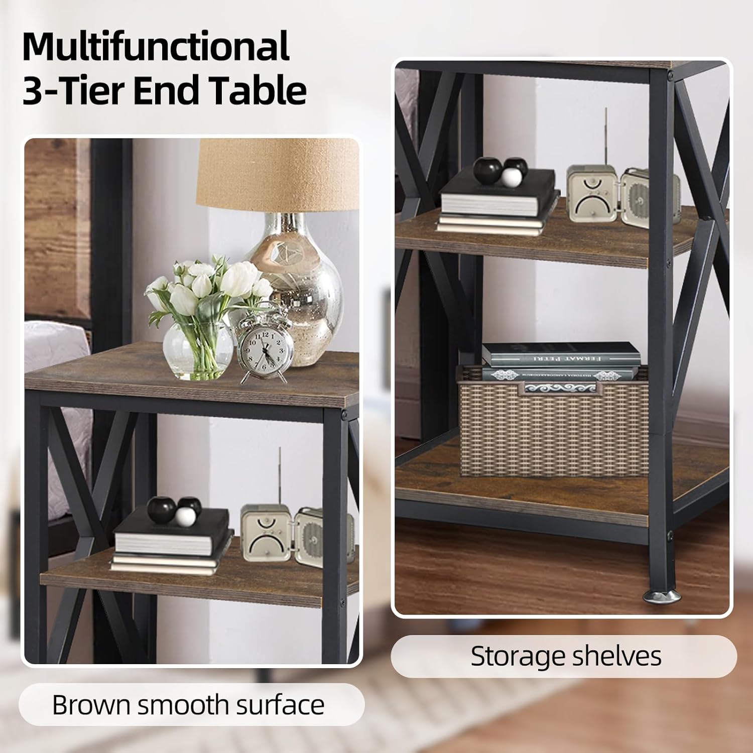 End Tables Living Room Set of 2 Farmhouse, Side Table with Storage Shelf, 16" W x 12" D x 24" H, 3 Tier Side Table Set of 2, X-Shaped Night Stands for Bedrooms, Coffee Table