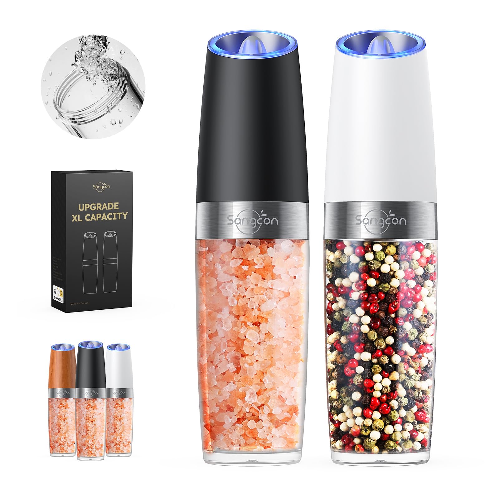Sangcon Gravity Electric Pepper and Salt Grinder Mill Automatic Shaker Grinder with LED Light, Battery Powered Adjustable Coarseness One Hand Operation, Upgraded Larger Capacity, 1pc