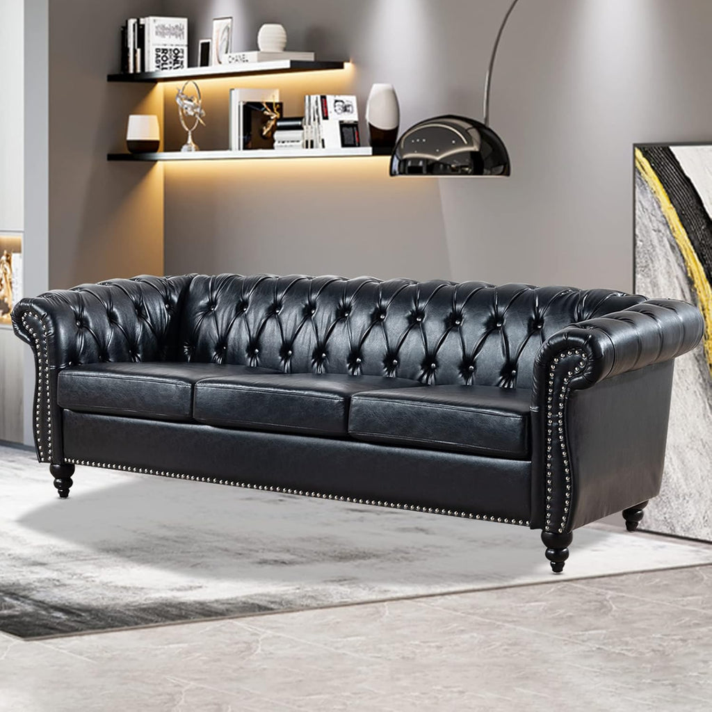 Chesterfield Sofas for Living Room, Black Rolled Arm 3-Seater Leather 84" Large Couch Deep Button Nailhead Tufted Upholstered Couches for Bedroom, Office Apartment Easy to Assemble