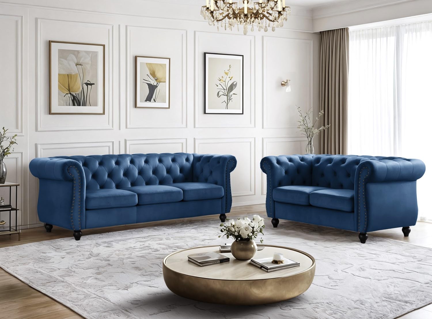 Container Furniture Velvet Chesterfield Couch, Button-Tufted Backrest, Rolled Arms, High-Density Foam with Spring Support, Elegant Accent Piece, Sofa, Dark Blue