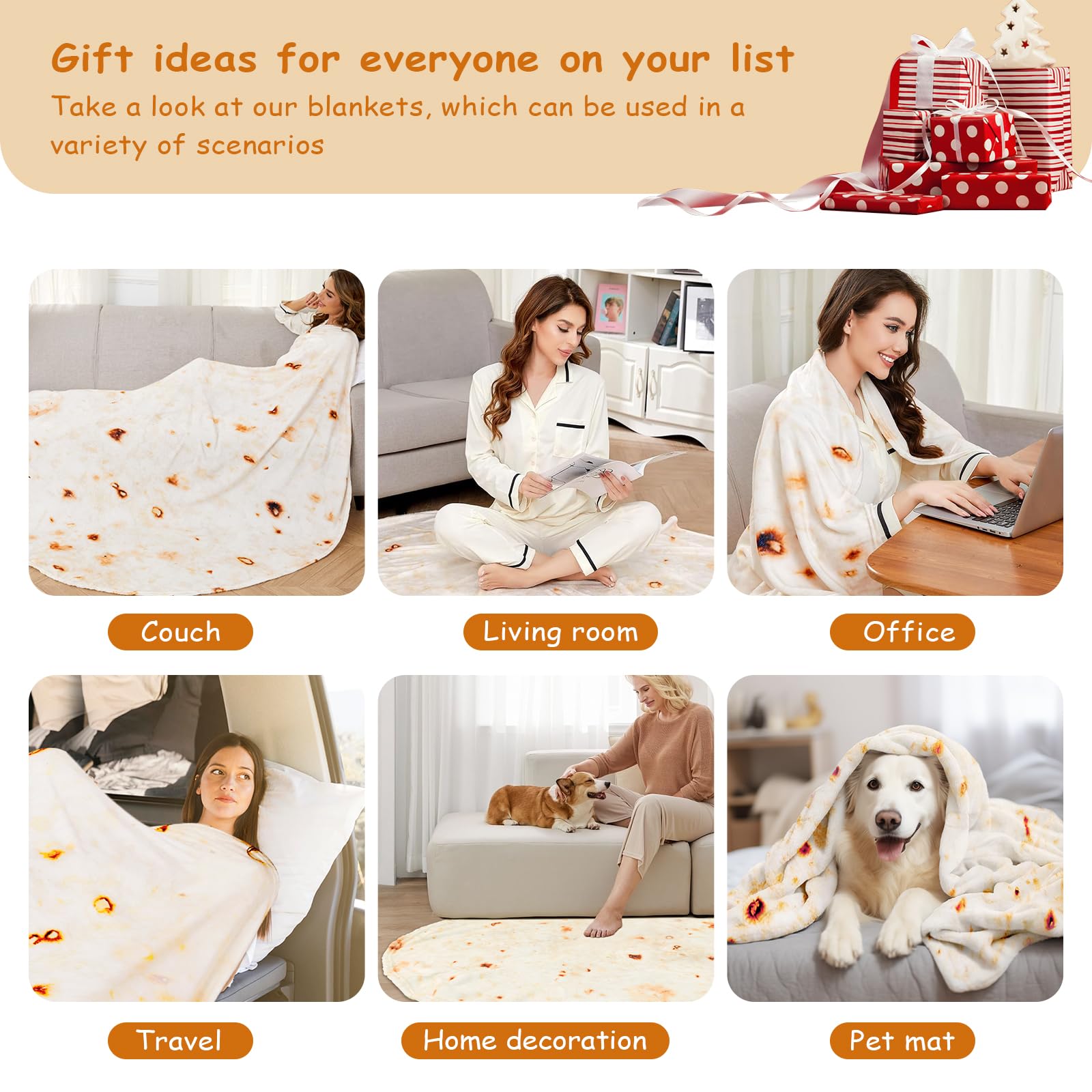 Outivity Tortilla-tæppe til voksne, 71 tommer tortilla-tæppe i voksenstørrelse, tortilla-kastetæppe, sjovt tæppe til voksne, kæmpe rundt madkastetæppe til seng, sofa