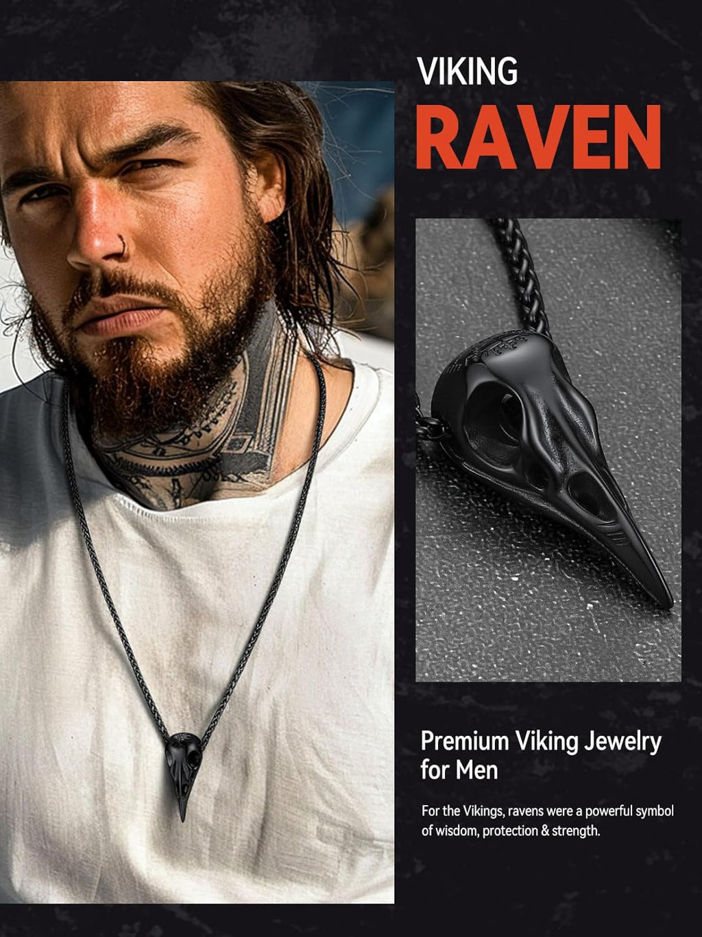 FaithHeart Viking Raven Necklace for Men, Norse Mythology Raven Skull Pendant Sturdy Stainless Steel Amulet Jewelry Gift for Men