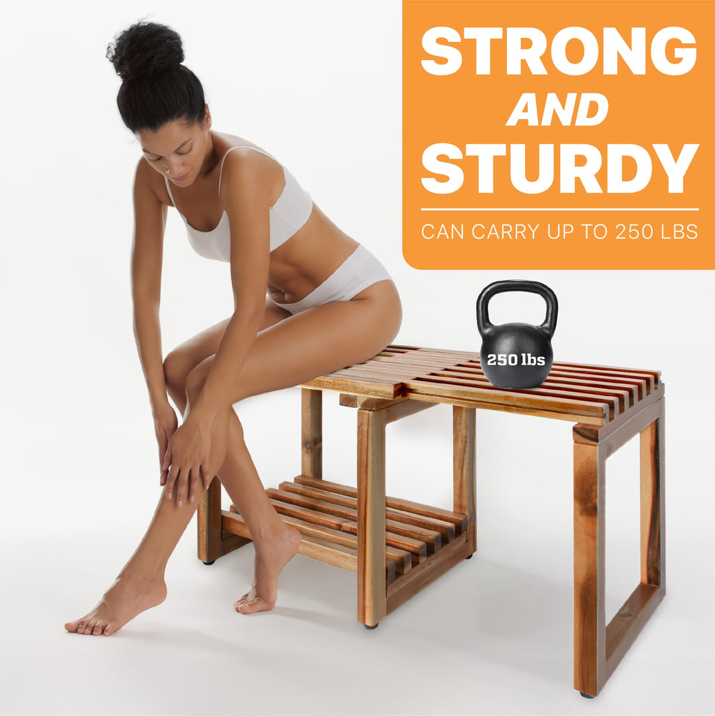 ENKEZI Adjustable Length 29 Inches Shower Stool Bench Chair Waterproof with Storage Shelf for Shaving Legs, Spa, Bath Seat in Bathroom, Inside Shower for Adults Seniors Elderly (Small 29 in)