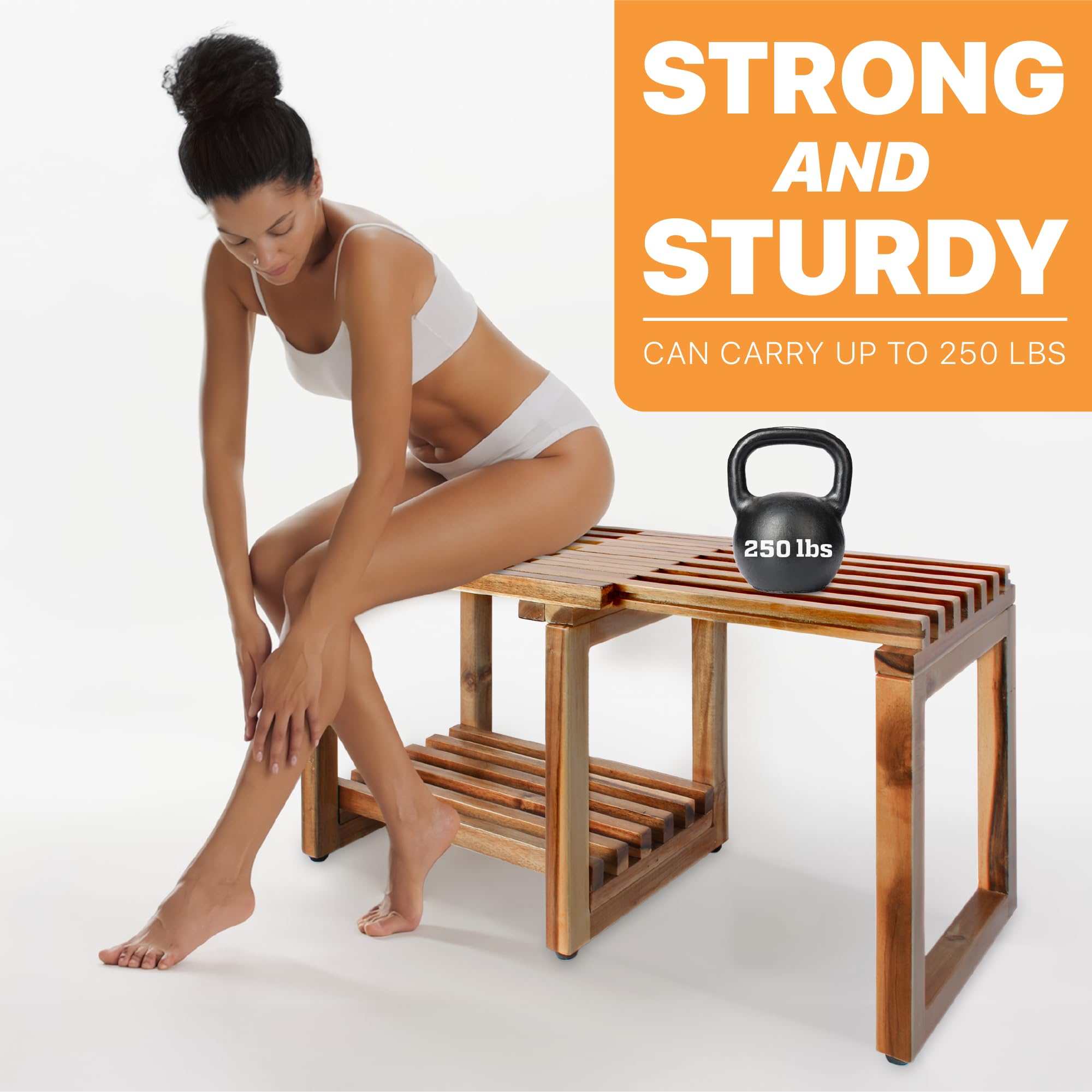 ENKEZI Adjustable Length 29 Inches Shower Stool Bench Chair Waterproof with Storage Shelf for Shaving Legs, Spa, Bath Seat in Bathroom, Inside Shower for Adults Seniors Elderly (Small 29 in)