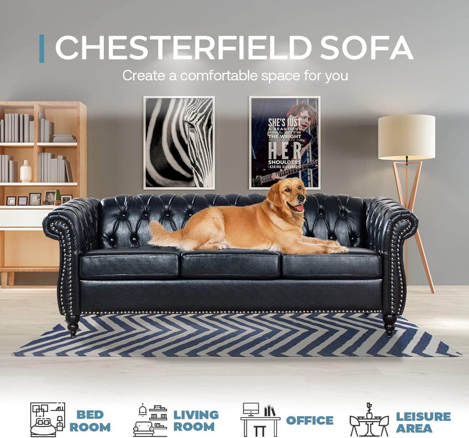 Chesterfield Sofas for Living Room, Black Rolled Arm 3-Seater Leather 84" Large Couch Deep Button Nailhead Tufted Upholstered Couches for Bedroom, Office Apartment Easy to Assemble