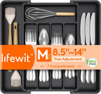Lifewit Silverware Drawer Organizer, Expandable Utensil Tray for Kitchen, BPA Free Flatware and Cutlery Holder, Adjustable Plastic Storage for Spoons Forks Knives, 8.5-14 x 12", Black