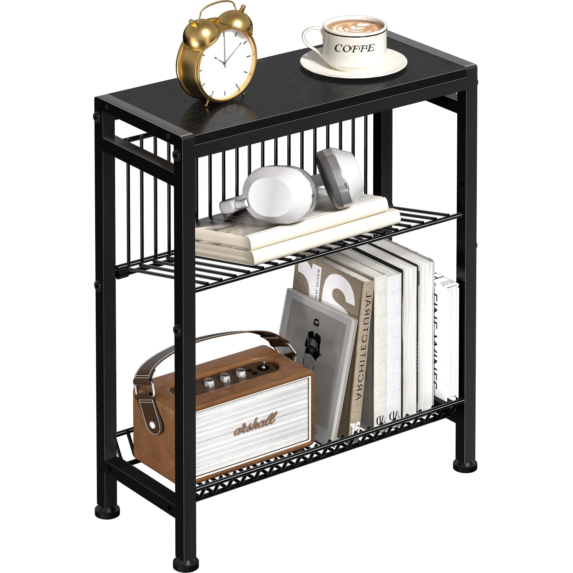 Small Side Table for Small Space, 3-Tier Narrow End Table with Magazine Holder,Slim Nightstand, Skinny Snack Couch Table in Living Room, Bedroom Study and Balcony (Rustic Brown &Black)