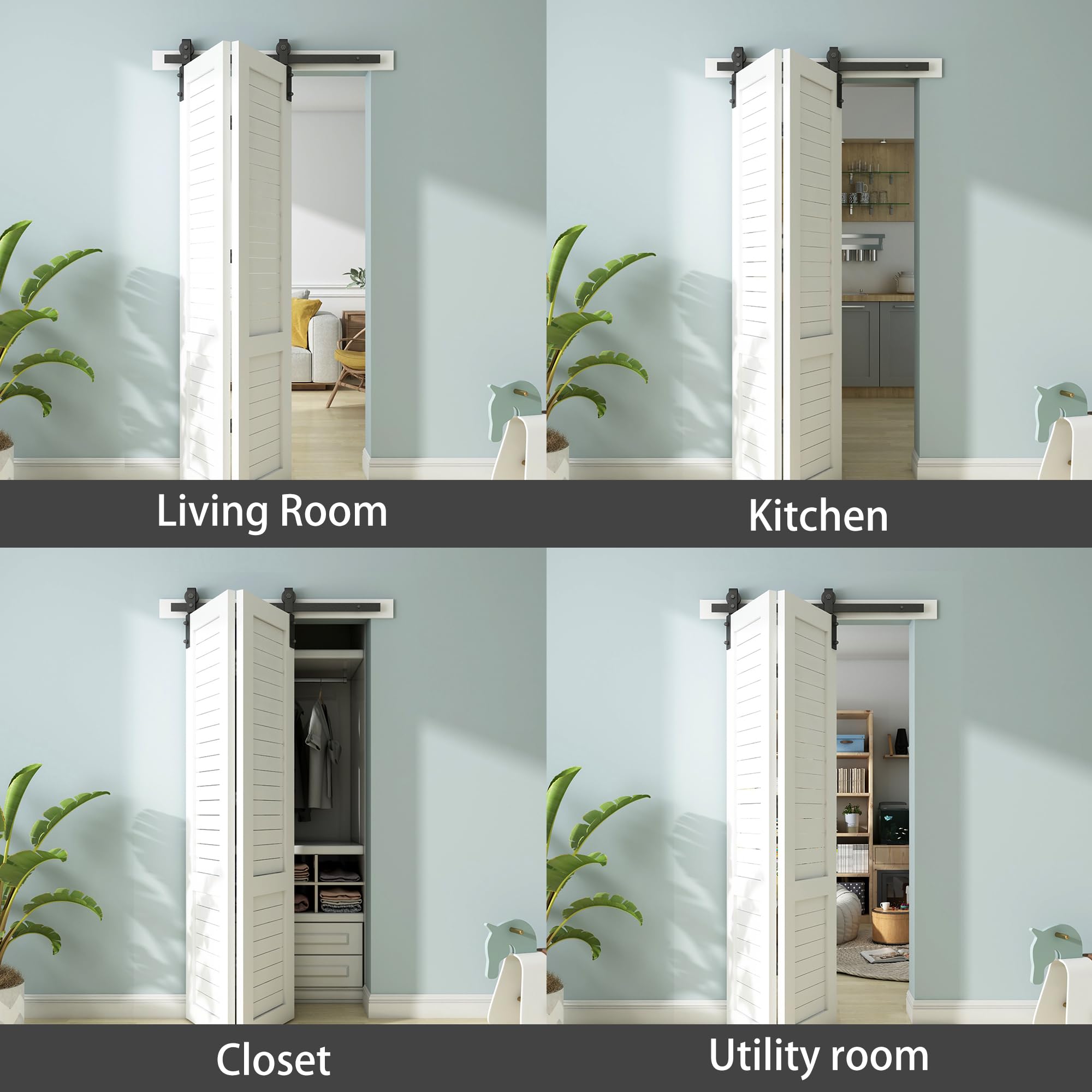 JUBEST 40" Bi-Folding Sliding Barn Door Hardware Track Kit, Heavy Duty Side Mounted Black Roller for 2 Doors, Smoothly & Quietly, Ease Install (No Door Included)