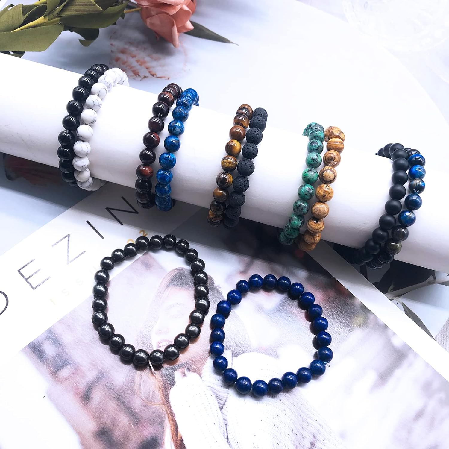 CASDAN 12PCS 8mm Semi-Precious Gemstones Beaded Bracelets for Men Women Tiger Eye Lava Rock Crystal Stone Bead Bracelets Set