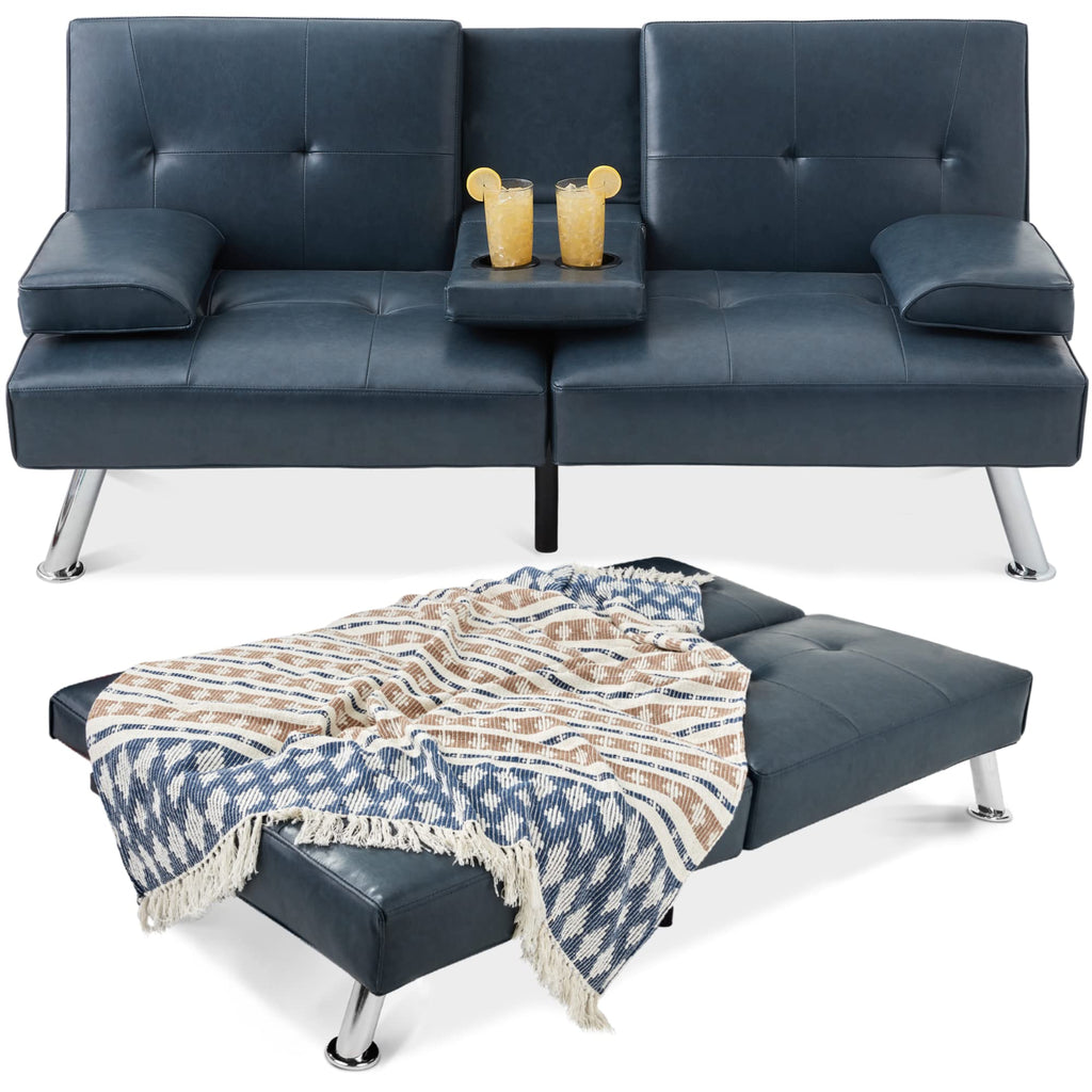 Best Choice Products Faux Leather Upholstered Modern Convertible Futon, Adjustable Folding Sofa Bed, Guest Bed w/Removable Armrests - Black