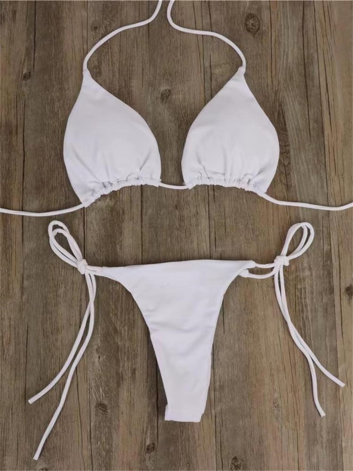 Alyweatry Women 2 Pieces Bikini Swimsuit Spaghetti Strap Top Tie Side Triangle G-Thong Bathing Suit Swimwear (A-White, S)